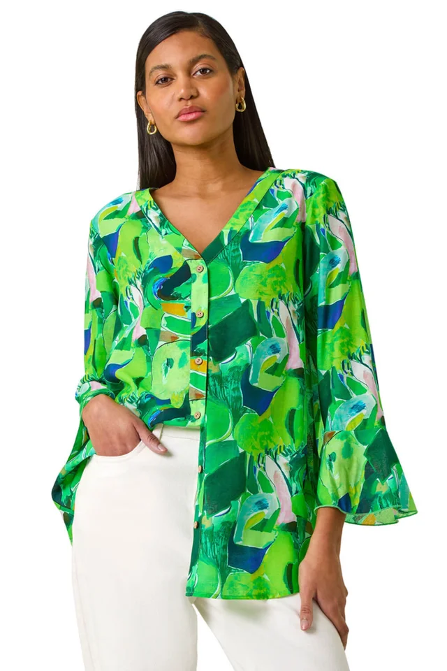 Roman Green Abstract Print Flared Blouse