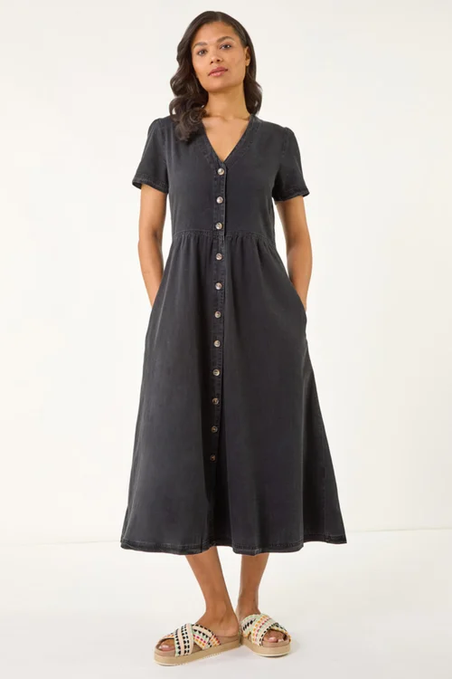 Roman Black Denim Button Through Midi Dress - Size 16 Image 3