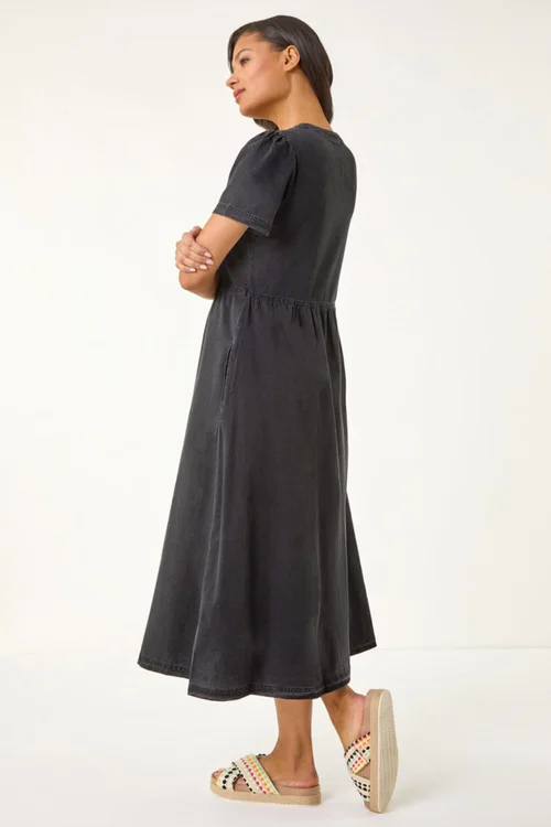 Roman Black Denim Button Through Midi Dress - Size 16 Image 4