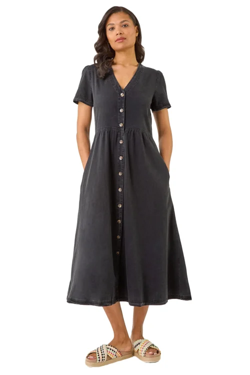 Roman Black Denim Button Through Midi Dress - Size 16 Image 1