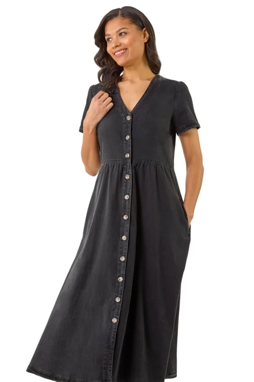 Roman Black Denim Button Through Midi Dress - Size 16 Image 2