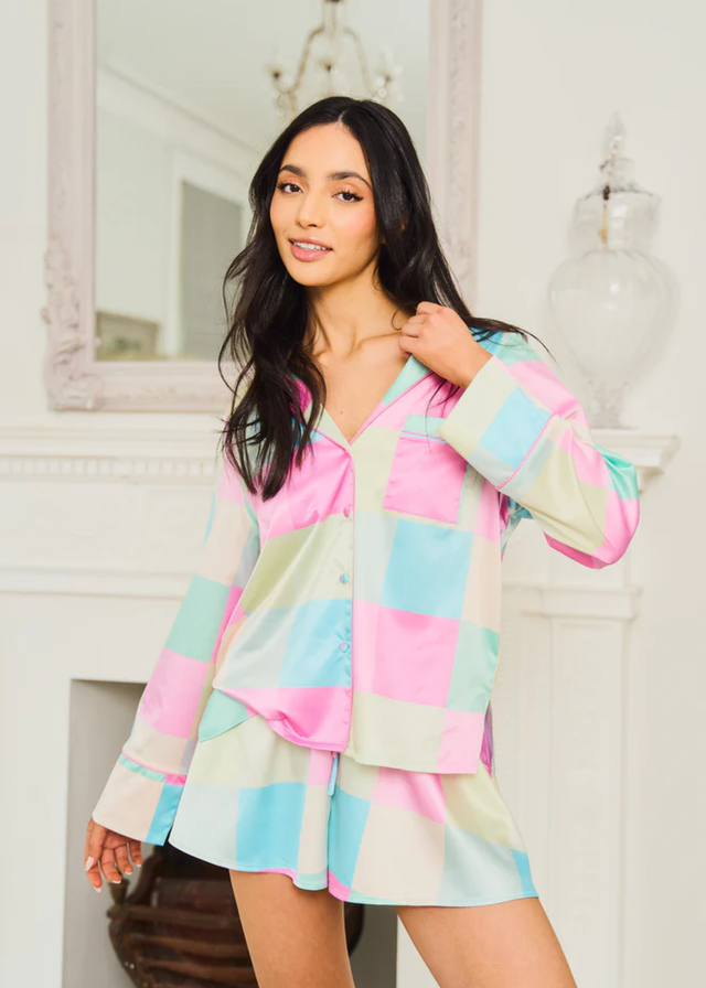 JimJam Multi Satin Revere Short Set with Check Print