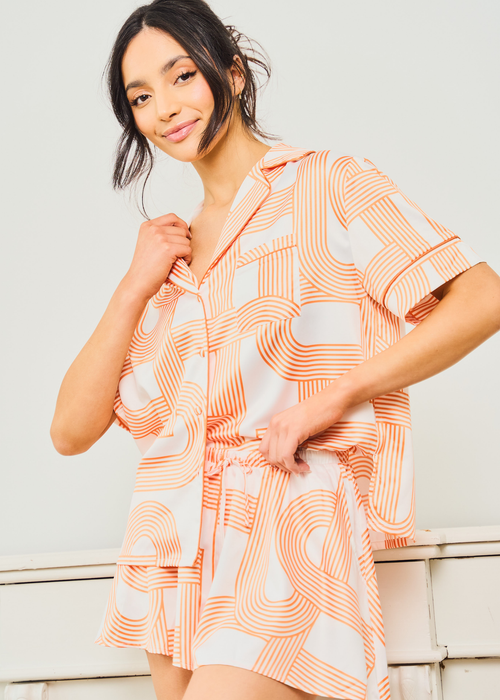 JimJam Orange Satin Revere Short Set with Paintstroke Print - Small Image 2