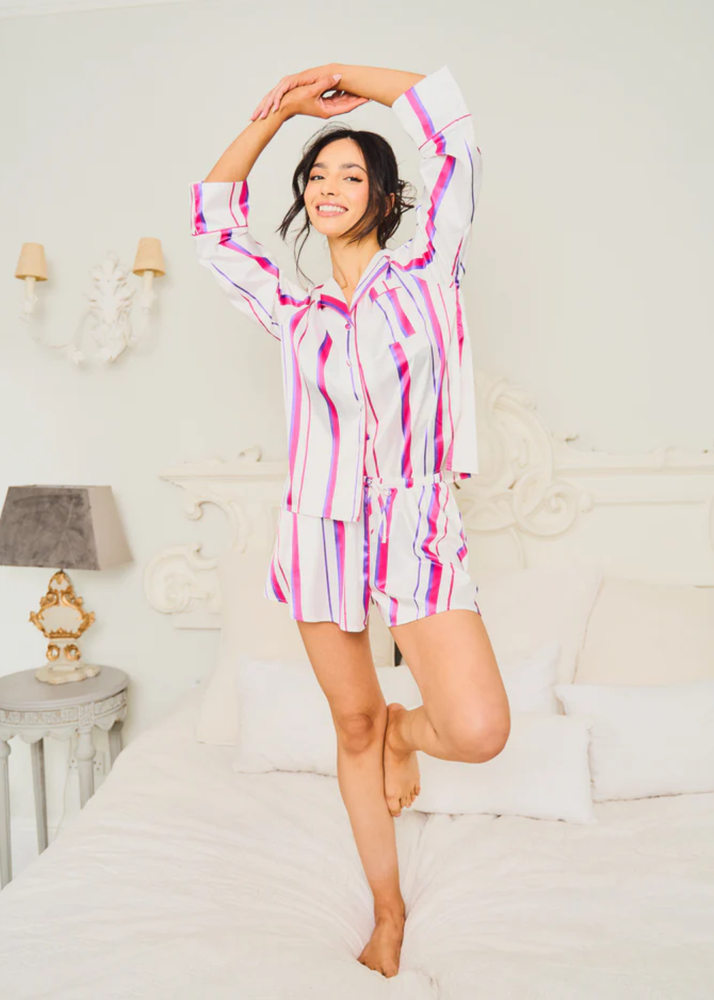 JimJam Multi Satin Revere Short Set with Stripe Print - Medium Image 1