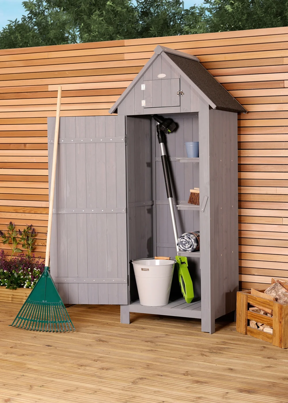 Charles Bentley FSC Slim Tall Garden Storage Shed Grey - One Size Image 1