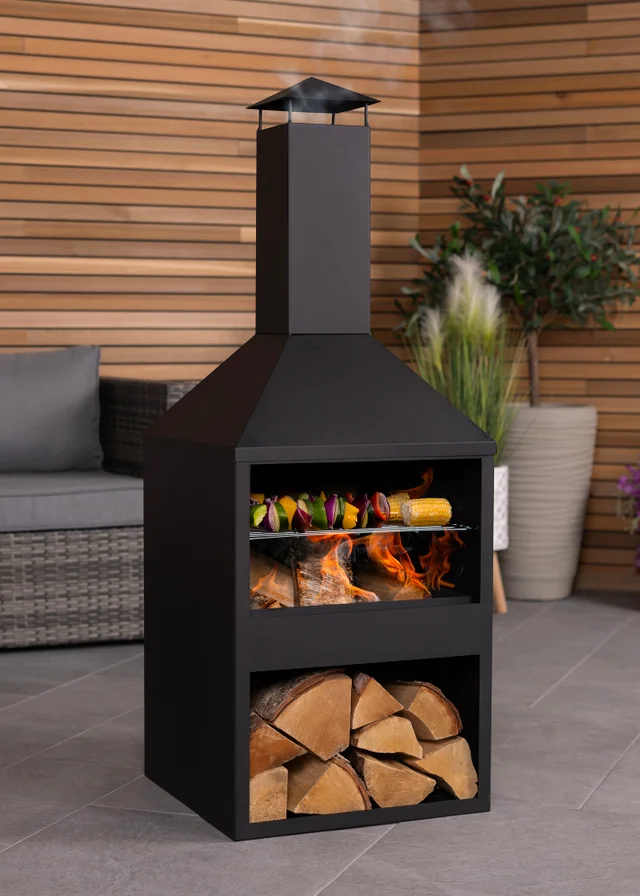 Charles Bentley Black Powder Coated Steel 118cm BBQ & Chimenea (H118cm x W44cm x D44cm)
