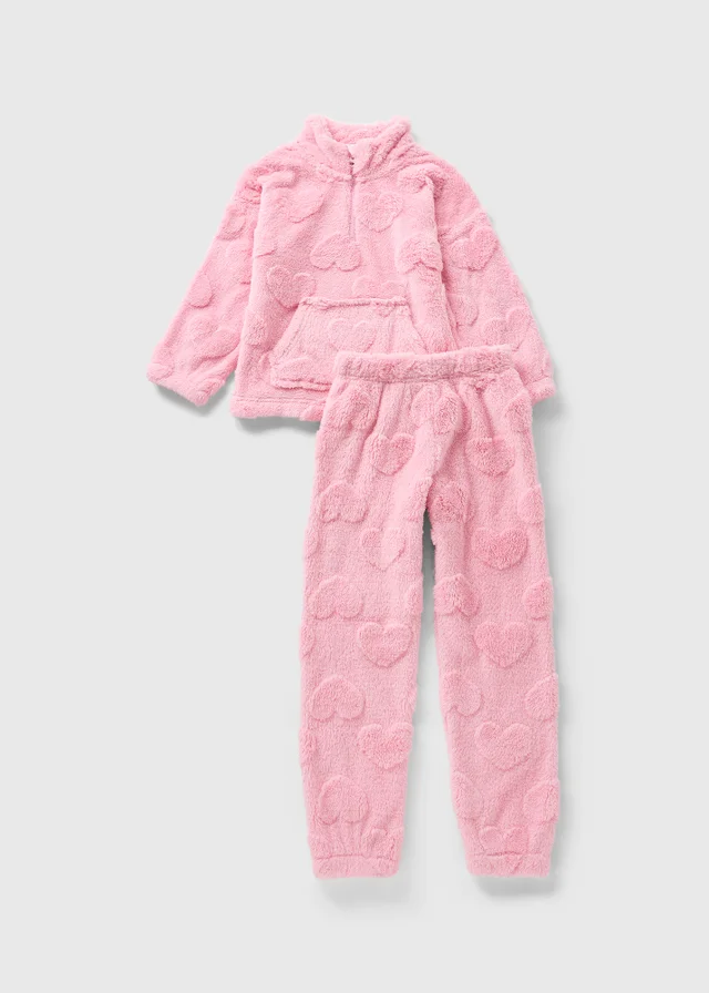 Girls Pink Heart Emboss Fleece Pyjama Set (7-13yrs)