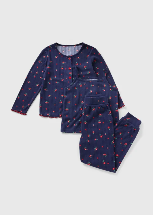 3 Piece Girls Navy Rose Pointelle Pyjama Set (4-13yrs) - Age 4 Years Image 1