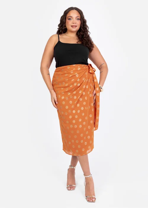 Lovedrobe Metallic Detail Orange Functional Wrap Midi Skirt - Size 12 Image 1