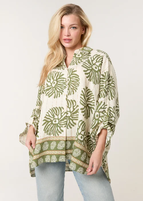 Blue Vanilla Khaki Abstract Oversized Shirt - One Size Image 1