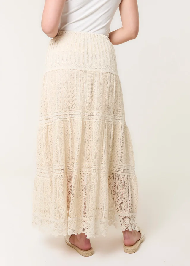 Blue Vanilla Stone Crochet Tassel Tie Front Maxi Skirt