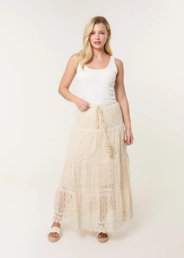 Blue Vanilla Stone Crochet Tassel Tie Front Maxi Skirt