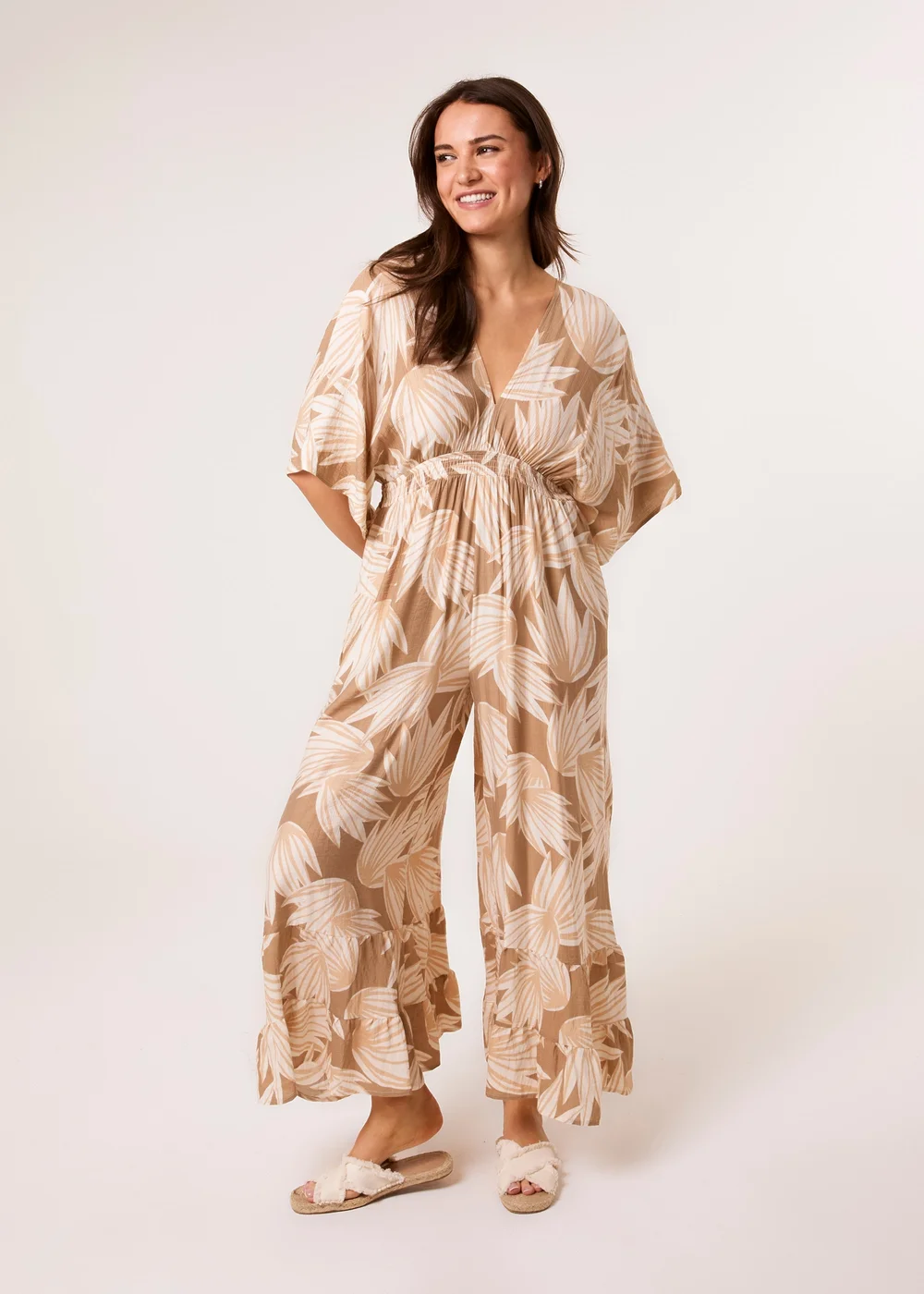 Blue Vanilla Mocha Printed Leaf Wide Leg Jumpsuit - Small/Medium Image 1