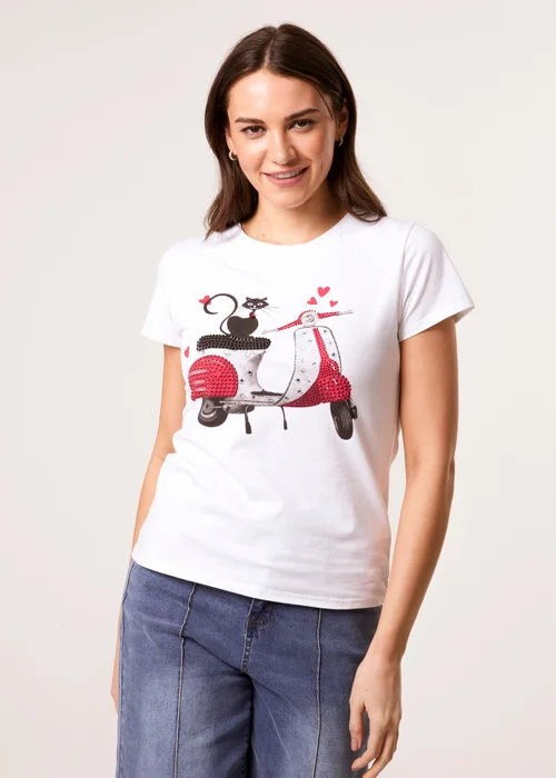 Blue Vanilla White Printed Cat T-Shirt - Large Image 1