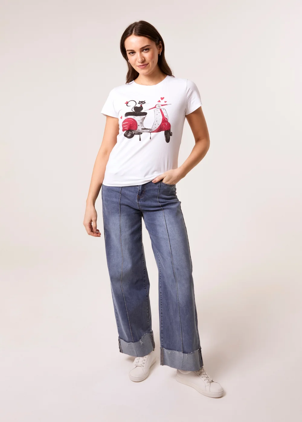 Blue Vanilla White Printed Cat T-Shirt - Large Image 2