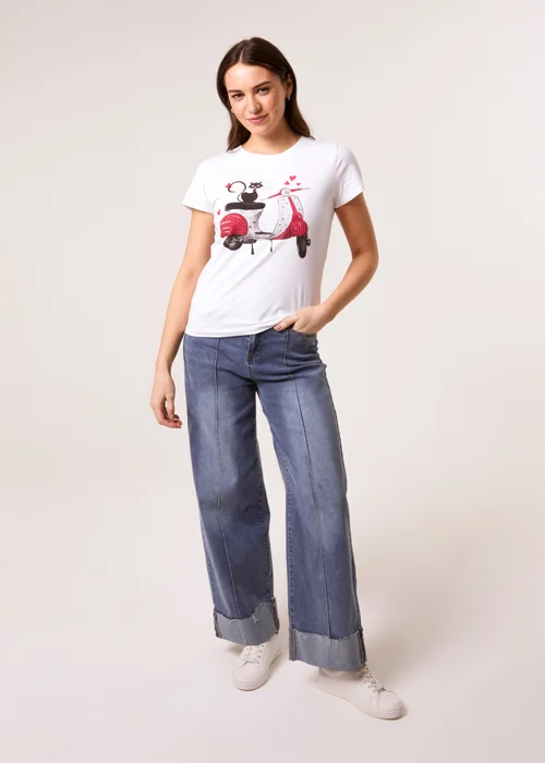 Blue Vanilla White Printed Cat T-Shirt - Large Image 2