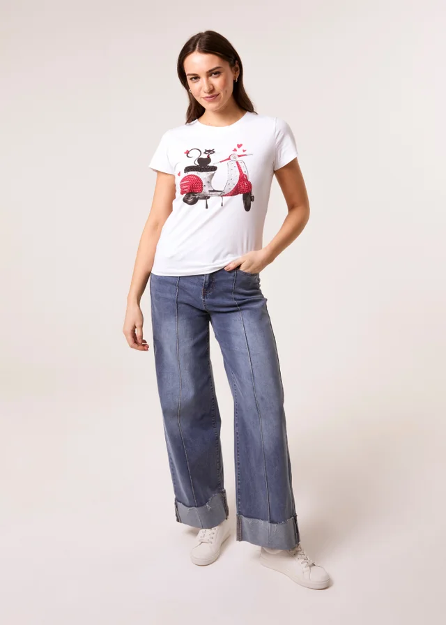 Blue Vanilla White Printed Cat T-Shirt