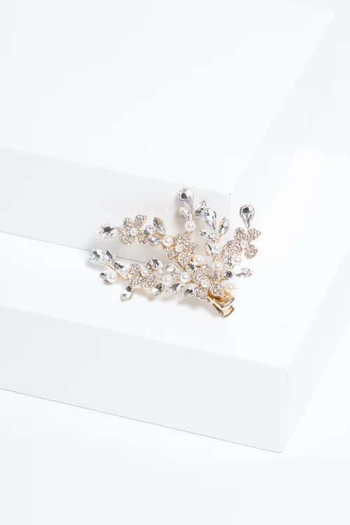 Jon Richard Gold Plated Crystal Spray Floral And Pearl Embellished Hair Slide - One Size Image 2