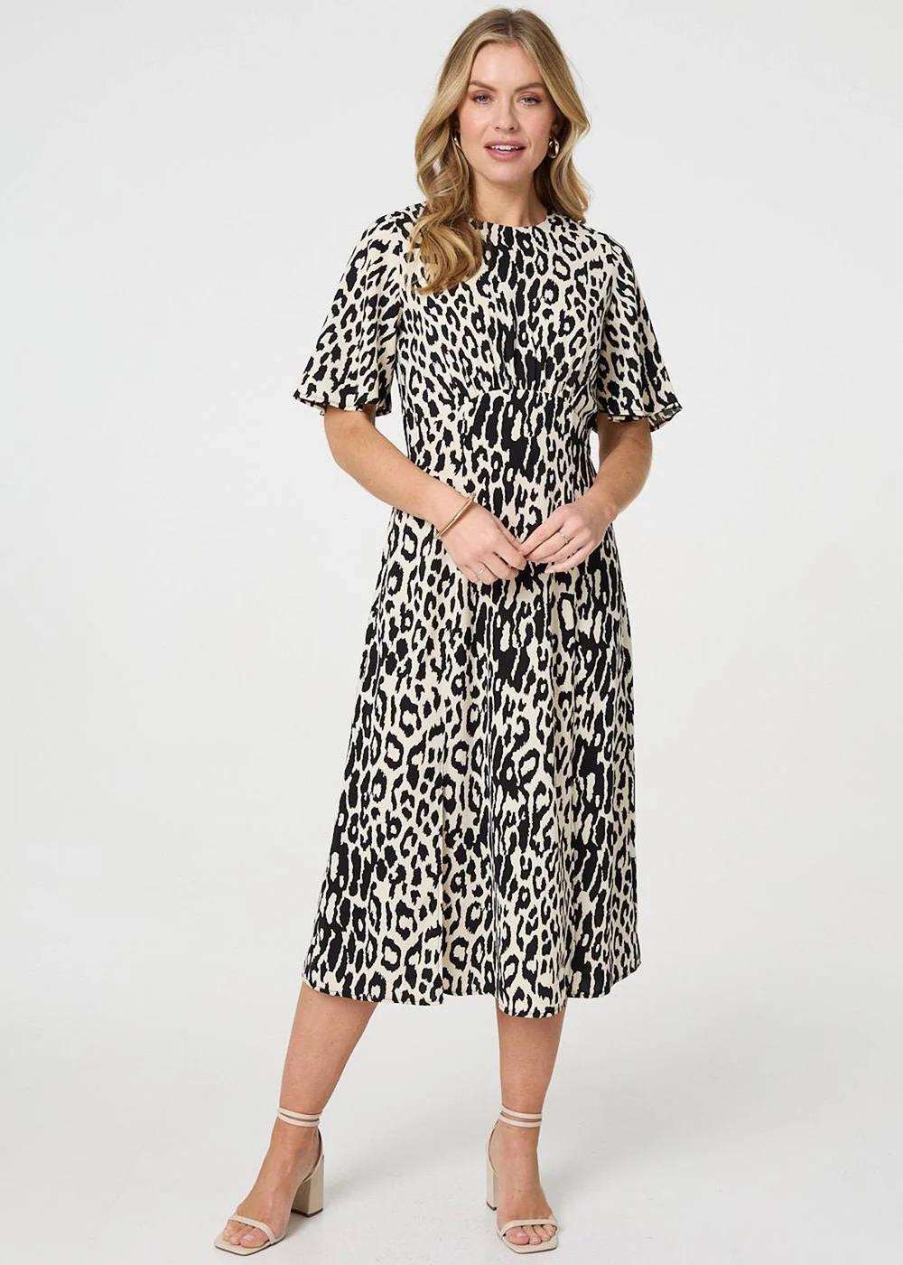 Izabel London Black Animal Print Flare Midi Dress - 12 Image 1