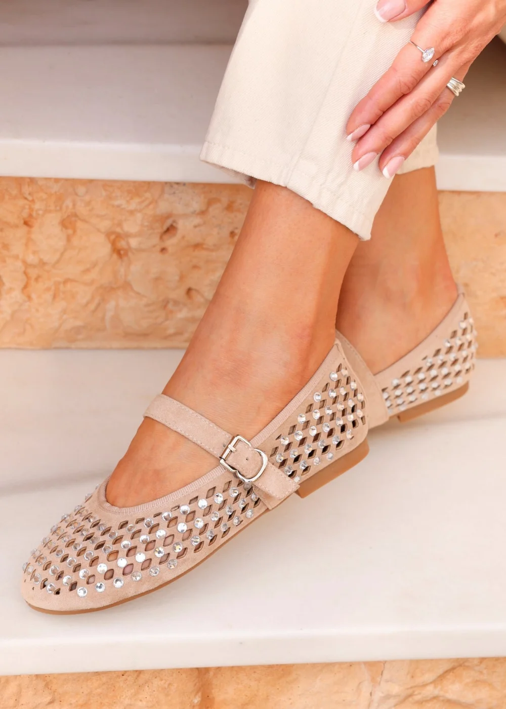 Linzi Delicate Sand Suede Diamante Embellished Ballet Pumps - Size 7 Image 1