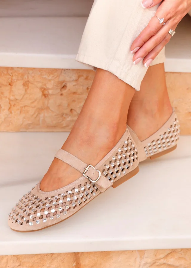 Linzi Delicate Sand Suede Diamante Embellished Ballet Pumps