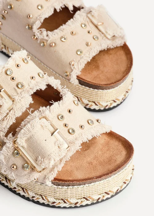 Linzi Bahama Beige Diamante Studded Double Buckle Flatform Slider Sandal - Size 5 Image 4