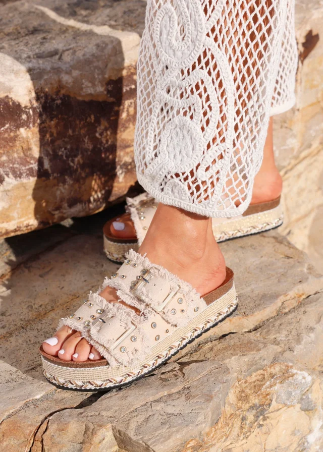 Linzi Bahama Beige Diamante Studded Double Buckle Flatform Slider Sandal