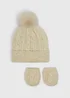 2 Piece Baby Oatmeal Cable Hat & Mitten Set (Newborn-24mths) - Age 0 - 3 Months Image 1