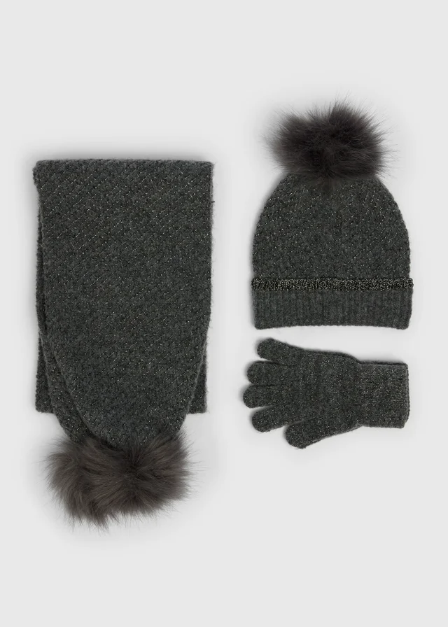 3 Piece Girls Charcoal Sparkle Hat Set (3-13yrs)