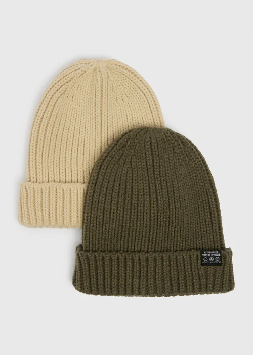 2 Pack Boys Khaki & Beige Beanie Set (3-13yrs) - Age 7-10 Years Image 1