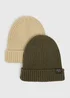2 Pack Boys Khaki & Beige Beanie Set (3-13yrs) - Age 7-10 Years Image 1