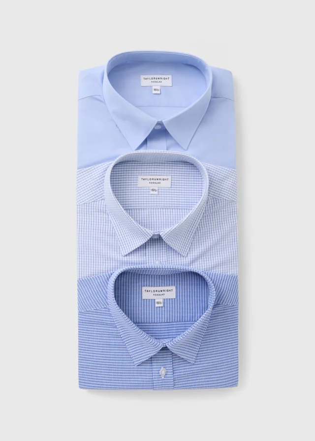 Taylor & Wright 3 Pack Blue Check Easy Care Regular Fit Shirts