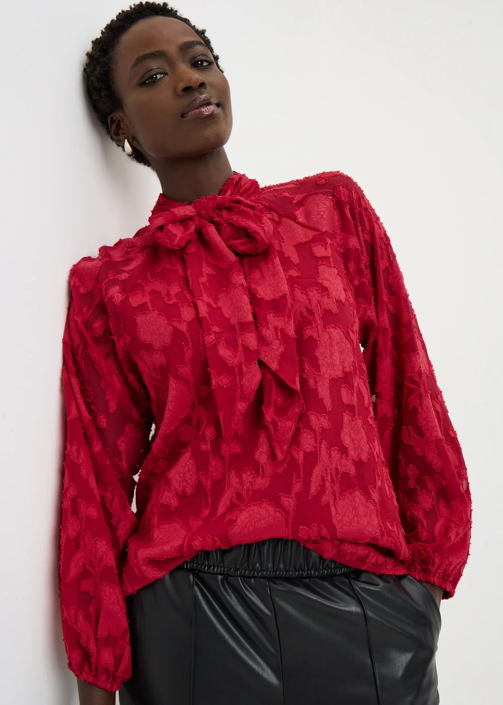 Red Jacquard Tie Neck Blouse - Size 16 Image 1