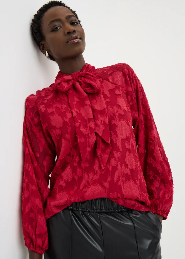 Red Jacquard Tie Neck Blouse