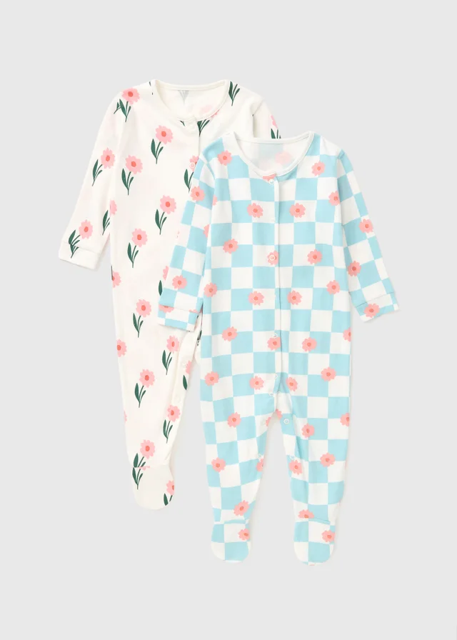 2 Pack Baby Blue Check Flower Sleepsuits (Newborn-36mths)