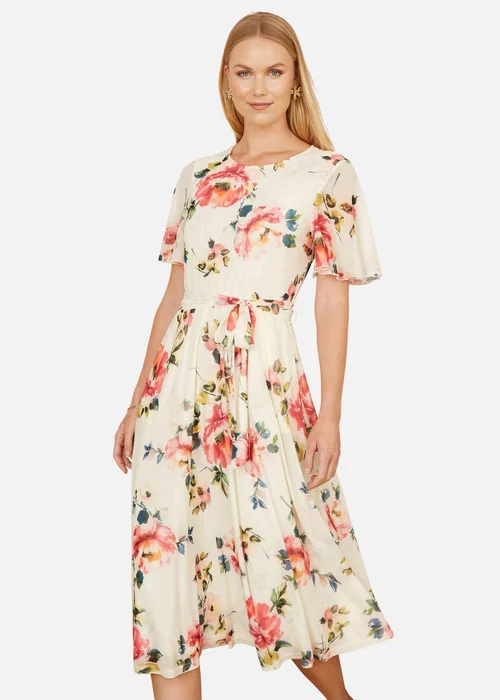 Yumi Ivory Mesh Floral Print Midi Dress With Angel Sleeves - 8 Image 2