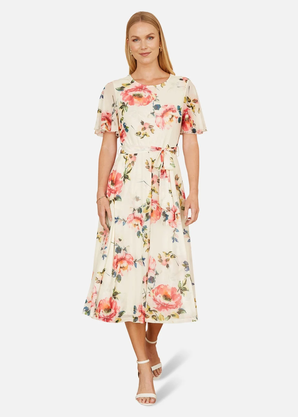 Yumi Ivory Mesh Floral Print Midi Dress With Angel Sleeves - 8 Image 1