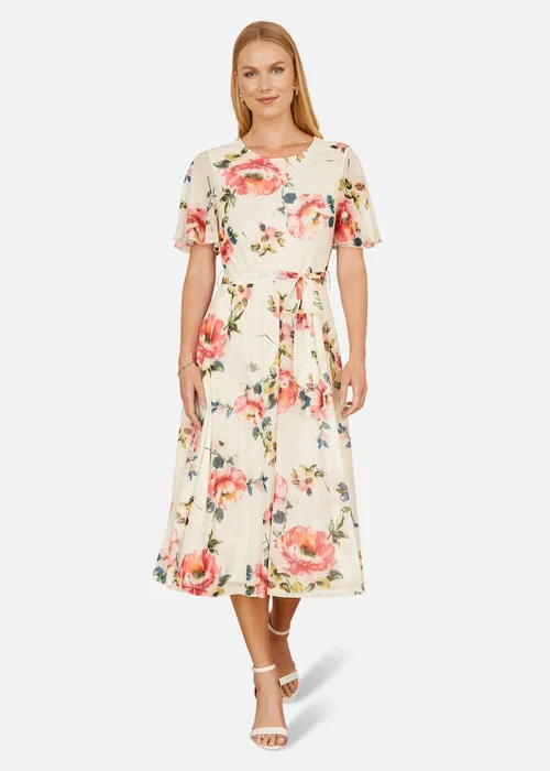 Yumi Ivory Mesh Floral Print Midi Dress With Angel Sleeves - 8 Image 1