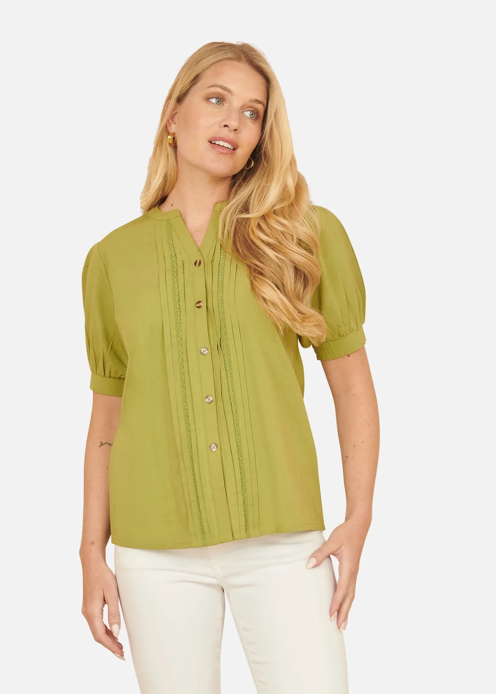 Yumi Green Cotton Pleated Short Sleeve Shirt - Size 8 Image 2