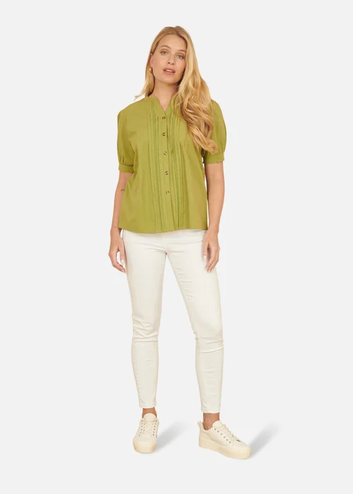 Yumi Green Cotton Pleated Short Sleeve Shirt - Size 8 Image 1