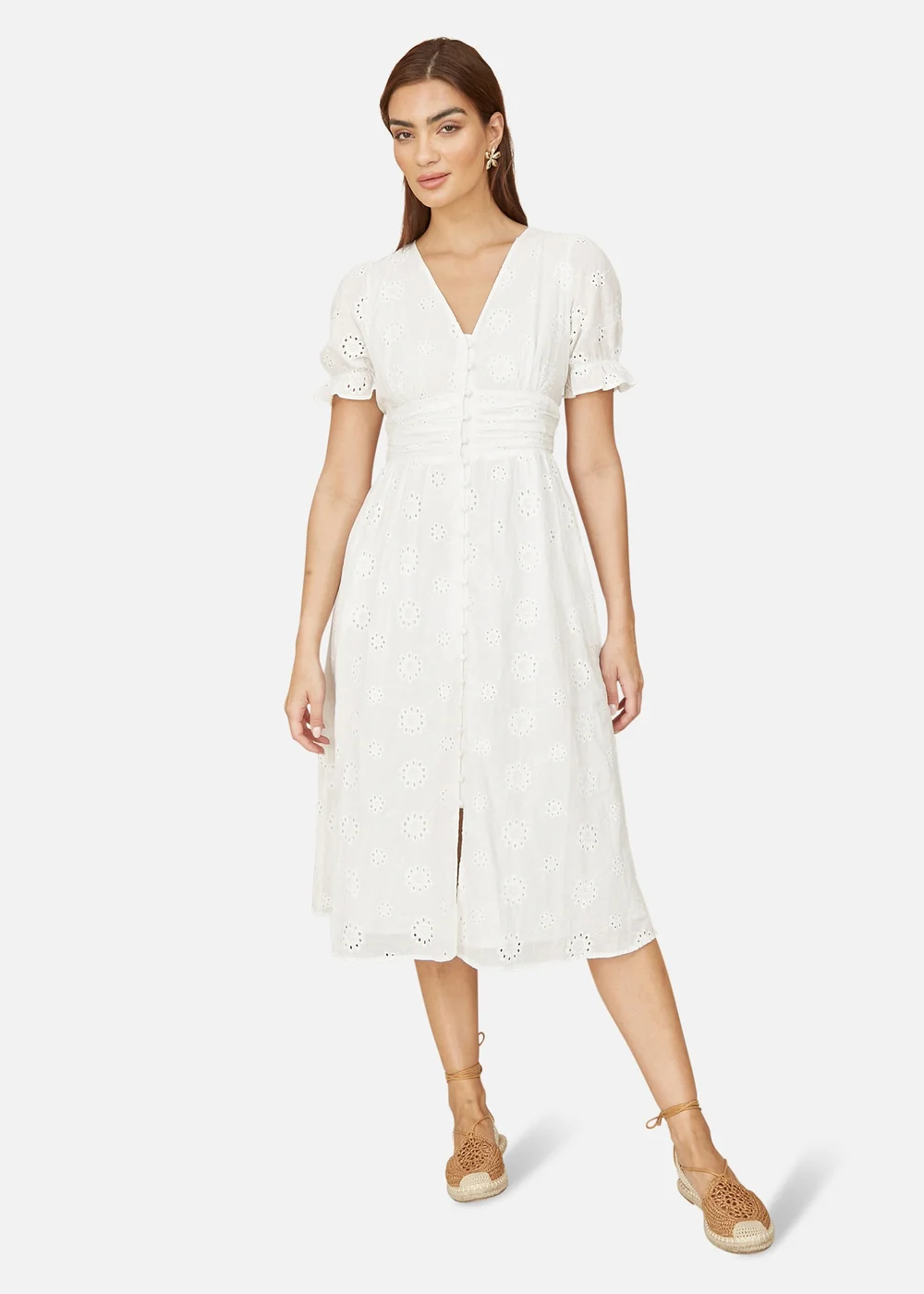 Yumi White Cotton Broderie Anglaise Midi Button Up Dress - 10 Image 1