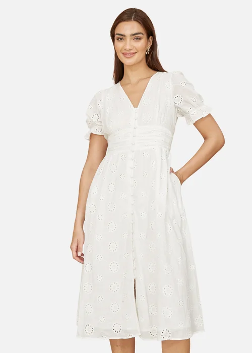 Yumi White Cotton Broderie Anglaise Midi Button Up Dress - 10 Image 2