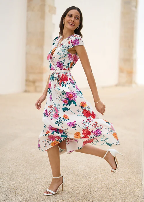 Yumi Ivory Flower Print Wrap Midi Dress - 10 Image 2