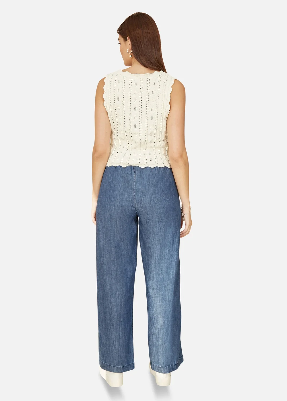 Yumi Ivory V Neck Button Down Crochet Knitted Top - Medium Image 2