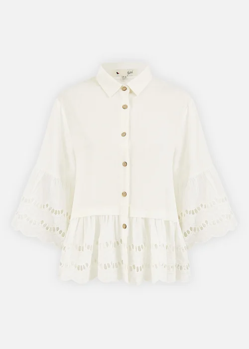 Yumi White Linen Relaxed Shirt With Scallop Trims - Size 12 Image 3