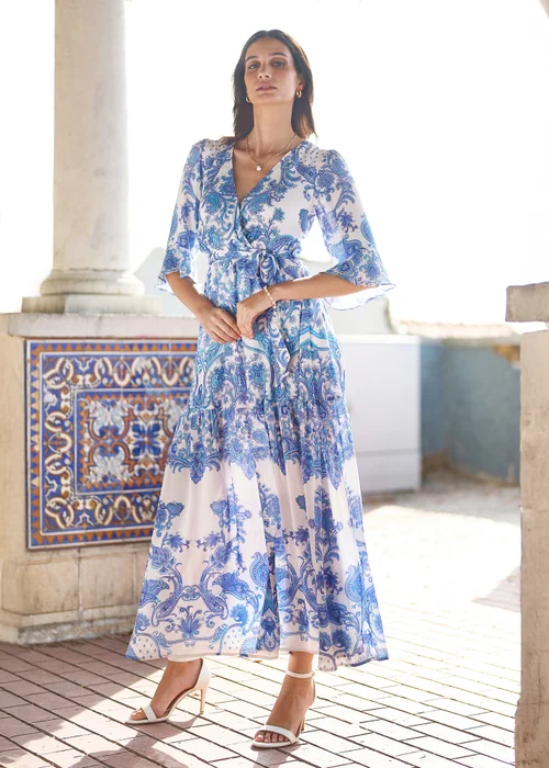 Yumi Blue Paisley Wrap Midi Dress With 3/4 Sleeves - 20 Image 1