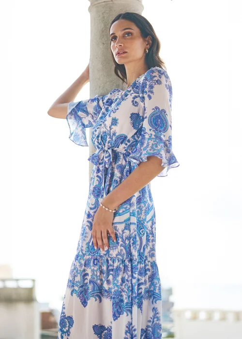 Yumi Blue Paisley Wrap Midi Dress With 3/4 Sleeves - 20 Image 2