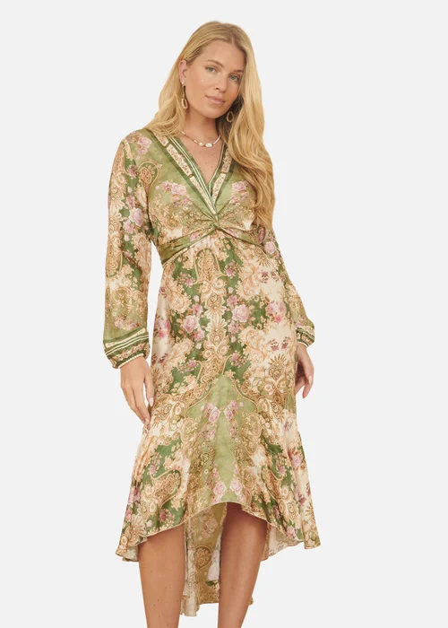 Yumi Green Viscose Scarf Print Tie Front Midi Dress With Dip Hem - 14 Image 2