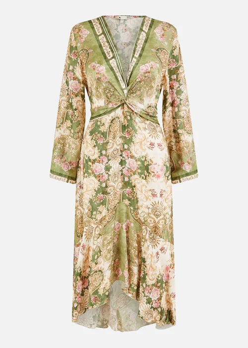 Yumi Green Viscose Scarf Print Tie Front Midi Dress With Dip Hem - 14 Image 3