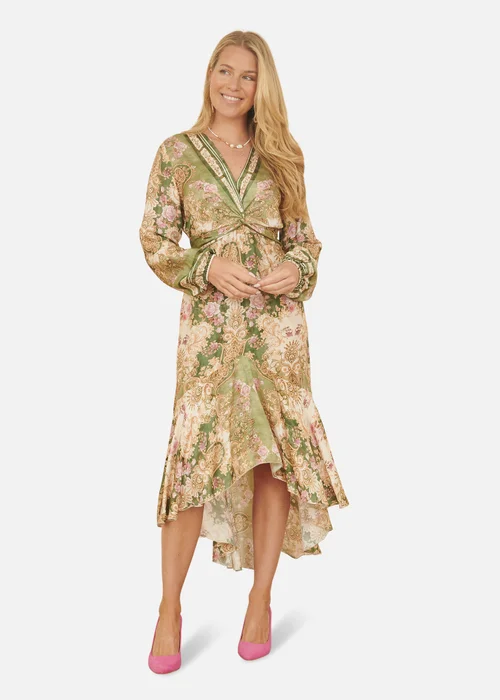 Yumi Green Viscose Scarf Print Tie Front Midi Dress With Dip Hem - 14 Image 1